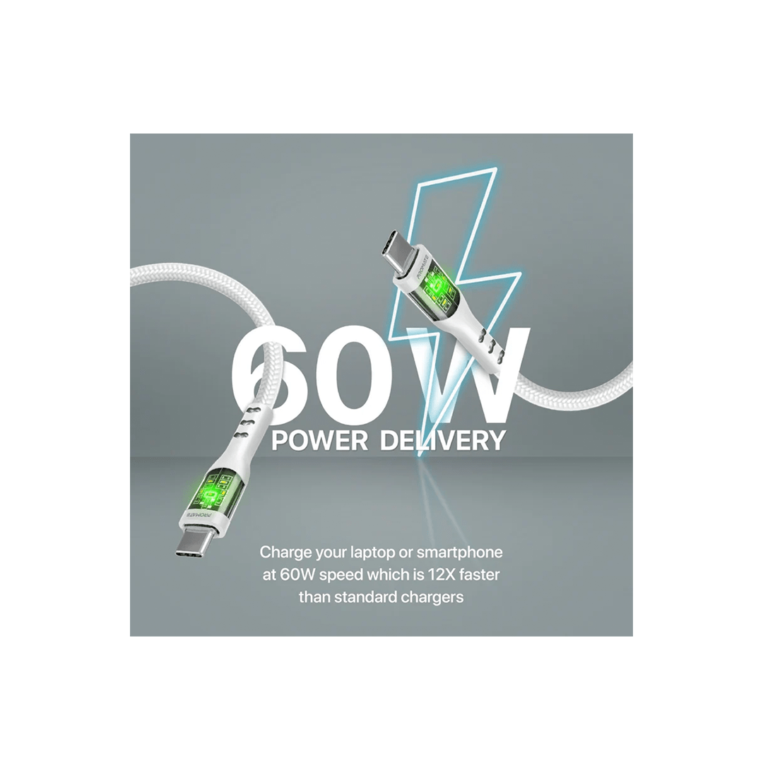 Promate TransLine-CC 60W Power Delivery Ultra-Fast USB-C Cable with Transparent Shells in Qatar Promate TransLine-CC 60W Power Delivery Ultra-Fast USB-C Cable with Transparent Shells in Qatar